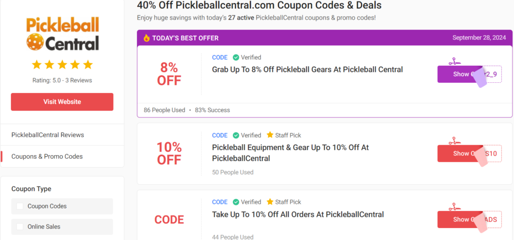 Pickleball Central Coupons